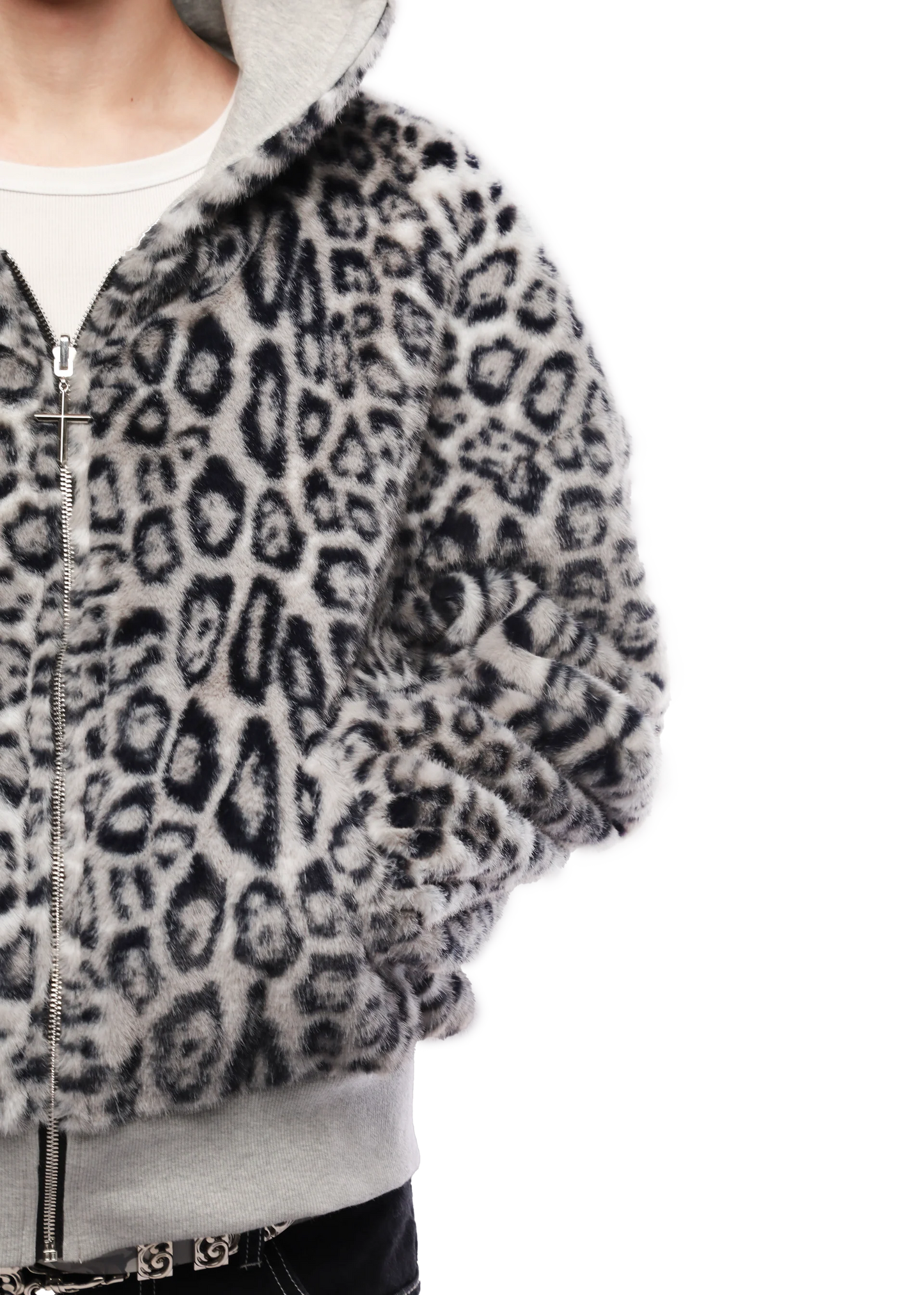 REVERSIBLE FUR ZIP HOODIE - White Leopard
