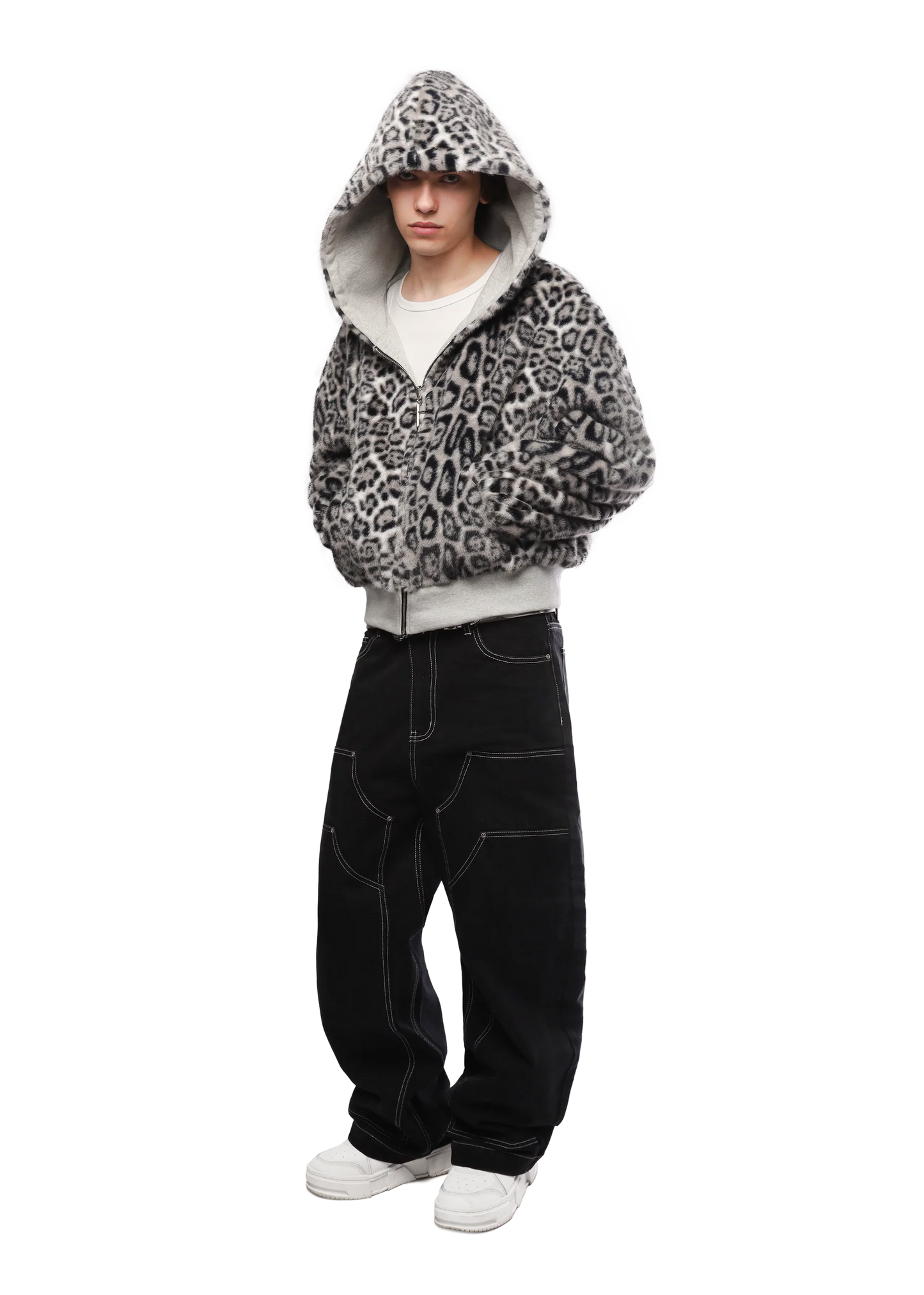 REVERSIBLE FUR ZIP HOODIE - White Leopard