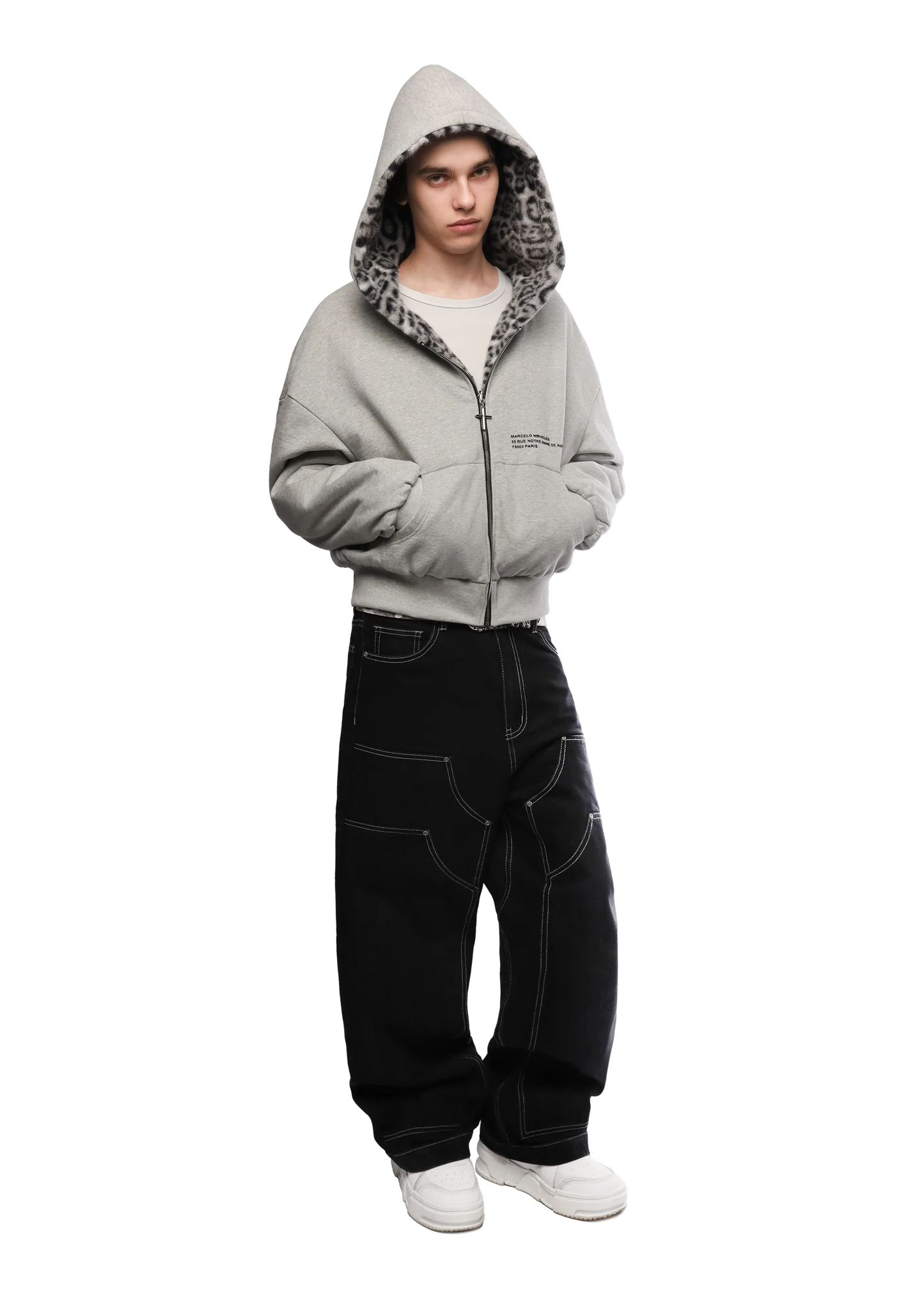 REVERSIBLE FUR ZIP HOODIE - White Leopard