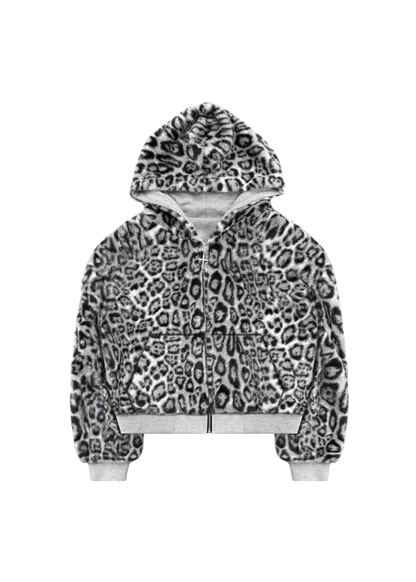 REVERSIBLE FUR ZIP HOODIE - White Leopard
