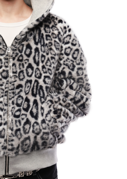 REVERSIBLE FUR ZIP HOODIE - White Leopard
